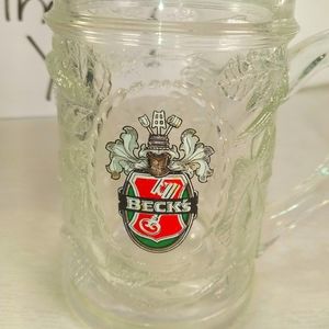 Vintage Becks Beer Mug Stein Ornate Grape Leaf Design Germany~ Thick Heavy Glass